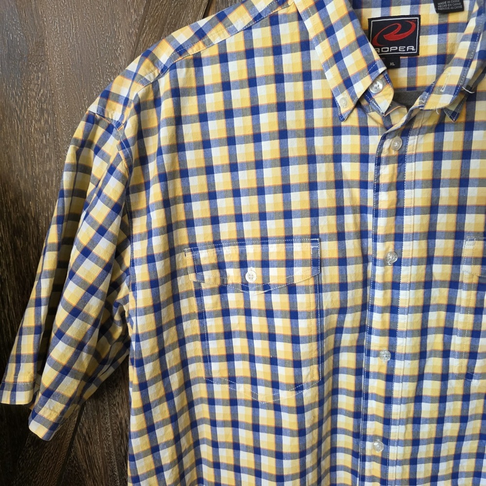 Roper Shirt Men's Size XL Yellow & Blue Plaid Short Sleeve Button Up Western - Picture 2 of 6